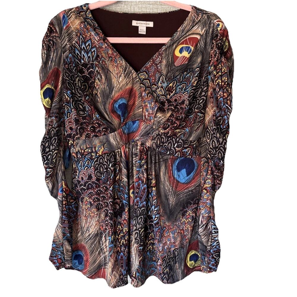Boston Proper Peacock Feather Print Boho Tunic Top Dress Empire Waist Sz L Artsy